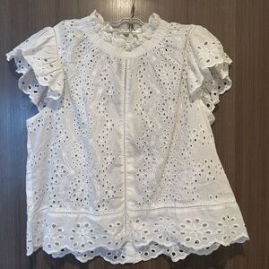 White Ruffled Flutter Sleeve Blouse with Mandarin Collar